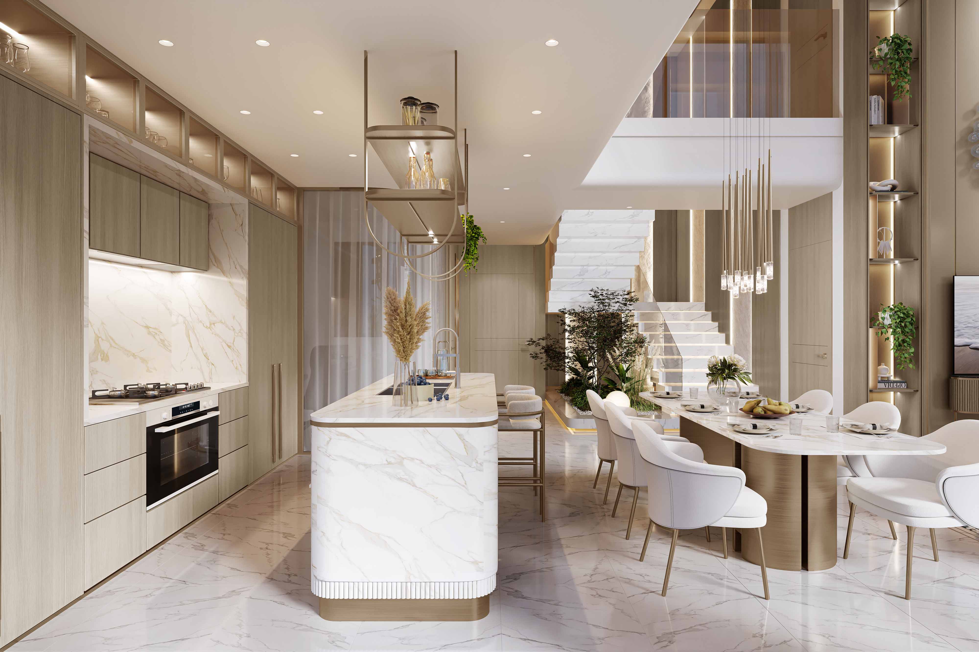 Sunset Bay 3 By Imtiaz A modern kitchen and dining area featuring elegant marble surfaces, light wood cabinetry, and stylish furniture.